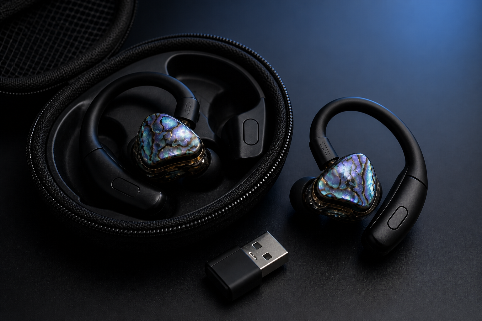 Bluetooth earhook adapters with IEMs and USB dongle (product mock)