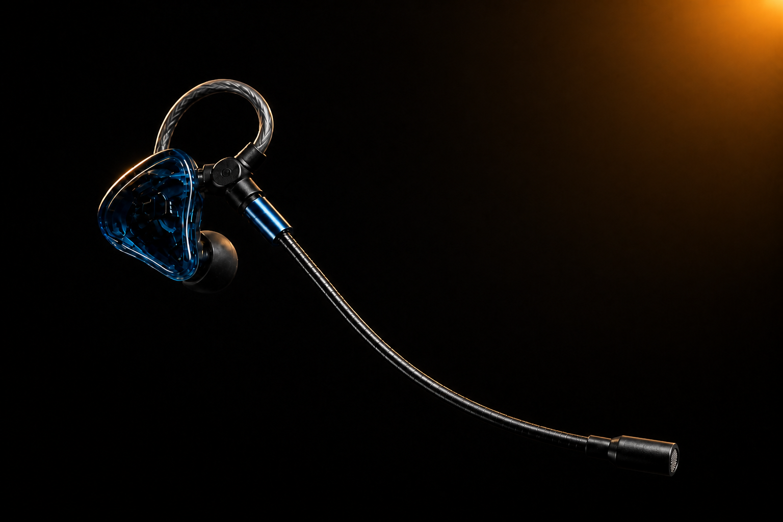 Inline boom microphone on a custom IEM cable (product mock)
